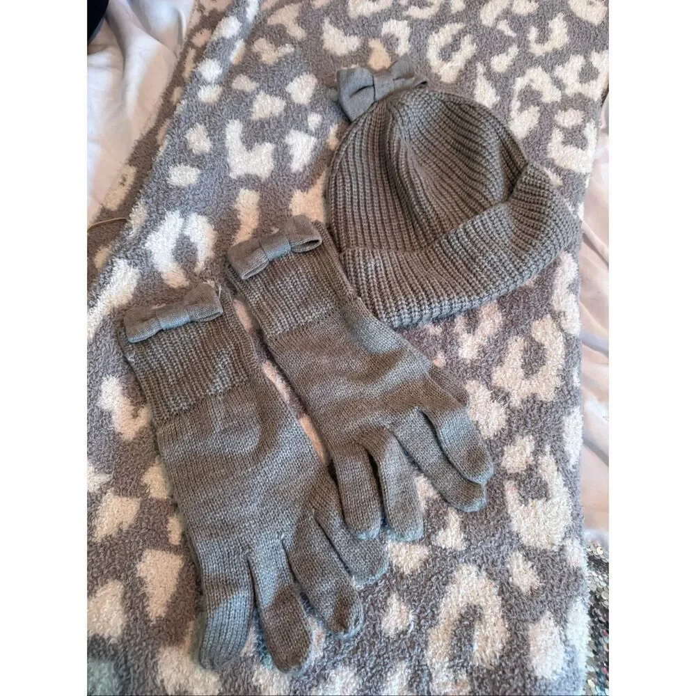 Kate Spade Gray Knit Dorothy Bow Beanie Hat & Gloves - Bow Fancy Warm GUC